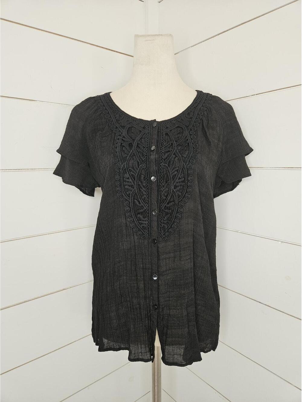 Melissa Paige small black button down blouse with crochet at trim